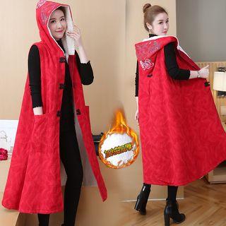 Floral Embroidered Hooded Frog-buttoned Long Vest