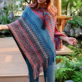 3/4-sleeve Zigzag Fringed Knit Cape As Shown In Figure - One Size