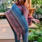 3/4-sleeve Zigzag Fringed Knit Cape As Shown In Figure - One Size