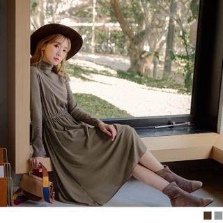 Cowl-neck Long Sleeve Panel A-line Dress