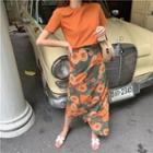 Short-sleeve Plain T-shirt / Flower Print Midi Pencil Skirt