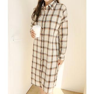 Drop-shoulder Plaid Shirtdress Beige - One Size