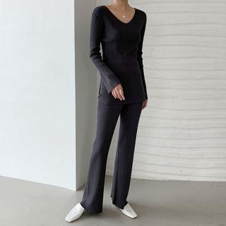 Knit Set: V-neck Top + Boot-cut Pants