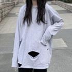Round-neck Plain Ripped Hem Long-sleeve Top