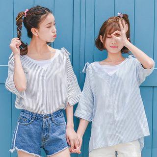 Mock Two Piece Striped Panel 3/4 Sleeve Top