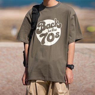 Lettering Print Oversized Elbow Sleeve T-shirt