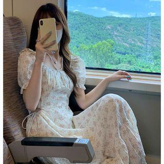 Short-sleeve Floral A-line Midi Dress Pink Floral - Beige - One Size