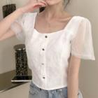 Sheer Puff-sleeve Square-neck Lace Top