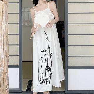 Spaghetti Strap Bamboo Print Midi A-line Dress