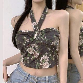 Floral Halter Cropped Tube Top Floral - Gray - One Size