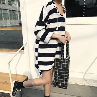 Hooded 3/4-sleeve Striped T-shirt Dress