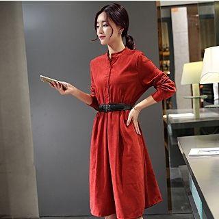 Long-sleeve Belted Plain Dress