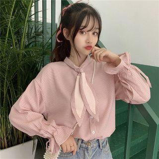 Checked Tie-neck Blouse As Shown In Figure - One Size