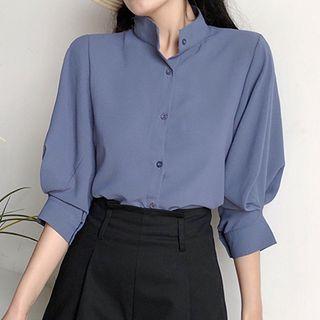 Plain Stand Collar Elbow Sleeve Shirt