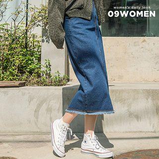 Fringe-hem H-line Long Denim Skirt