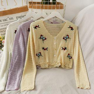 Butterfly-embroidered Open-knit Crop Top