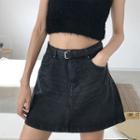 Plain High-waist Washed Denim Skirt