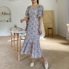 Square-neck Ruffle-sleeve Floral Print Dress