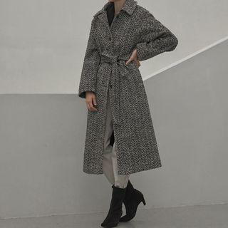 Raglan Herringbone Long Coat With Sash Black - One Size