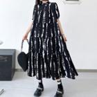 Puff-sleeve Tie-dyed Midi A-line Dress Black - One Size