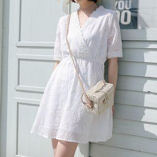 Embroidered Elbow Sleeve V-neck Dress