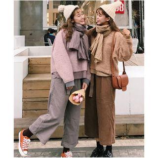 Cropped Corduroy Wide-leg Pants / Faux Shearling Sweatshirt With Scarf