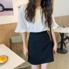 Eyelet Lace Flared-sleeve Blouse / Mini A-line Skirt