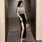 Spaghetti-strap Lace Panel Side-slit Jumper Pants