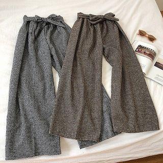 Houndstooth High-waist Lace-up Pants