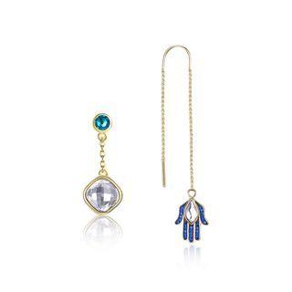 925 Sterling Silver Blue Lucky Hand Asymmetric Earrings With White Austrian Element Crystal Silver - One Size