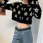 Floral Cropped Knit Cardigan Black - One Size