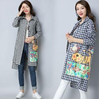 Cat Gingham Slit-side Long Shirt