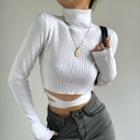 Plain Ribbed Turtleneck Long Sleeve Cut-out Cropped T-shirt