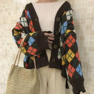 Color-block Check Cardigan