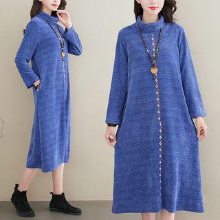 Mock Neck  Long-sleeve Midi A-line Dress
