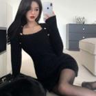 Square-neck Button-accent Furry Knitted Bodycon Dress Black - One Size
