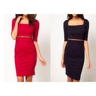 Elbow-sleeve Plain Sheath Dress