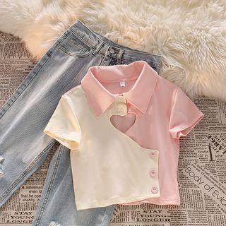 Short-sleeve Two-tone Heart Cutout Polo Shirt / Distressed Loose Fit Jeans