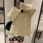Long-sleeve Plain Cable Knit Sweater Off White - One Size