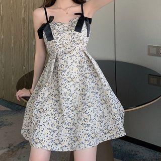 Spaghetti Strap Bow Floral Mini A-line Dress