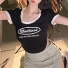 Short-sleeve Square-neck Contrast Trim Lettering T-shirt