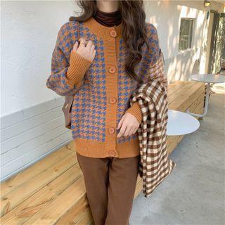 Long-sleeve Color Block Houndstooth Knit Cardigan