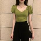 V-neck Puff Short-sleeve Top / Wide Leg Pants