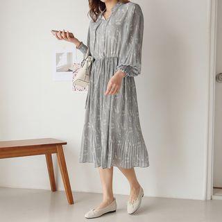 Tie-front Pleated-detail Pattern Dress
