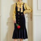 Set: V-neck Blouse + Velvet Strappy A-line Dress