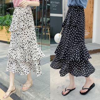 Printed Midi A-line Skirt / Letter Embroidered Short-sleeve T-shirt