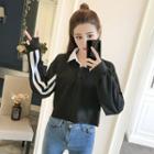 Stand-collar Long-sleeved Color-block Loose-fit Striped Slim T-shirt
