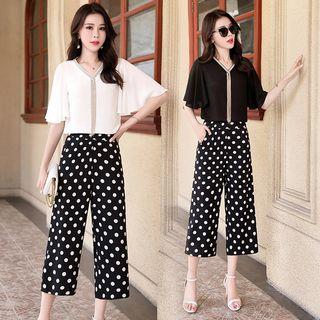 Set: Elbow-sleeve Top + Wide Leg Chiffon Pants
