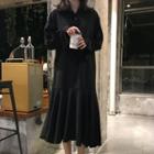 Long-sleeve Ruffle-hem Midi Shirt Dress Black - One Size