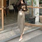 Plain Knit Top / Plaid Slit Midi Pencil Skirt
